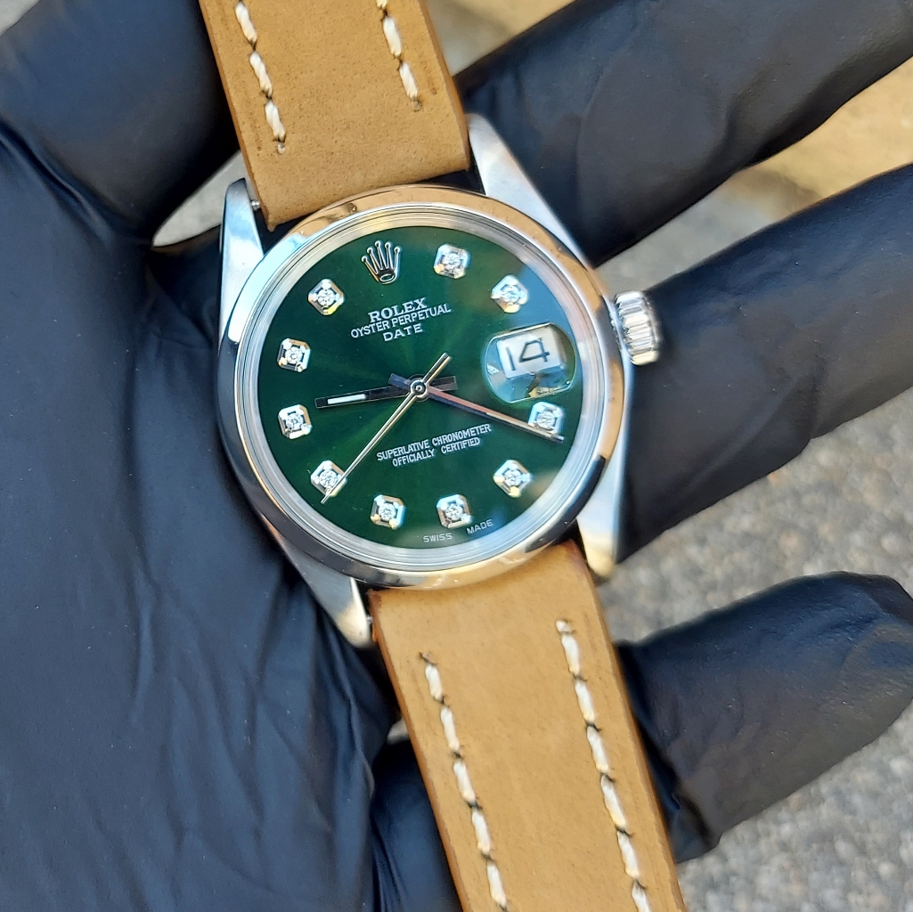 Rolex Unisex 34mm Date Green Diamond On Brown Leather Strap